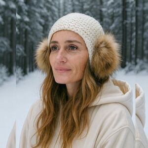 Linda‎ Richards NEW YORK Cream Knit Ear Warmer Headband Genuine Fur Pom Poms